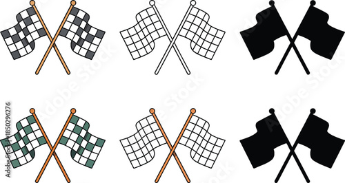 Crossed checkered flag silhouette & Outline and illustration set isolated on transparent background