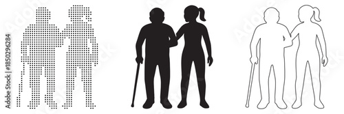 Supportive couple walking together, one person with a cane