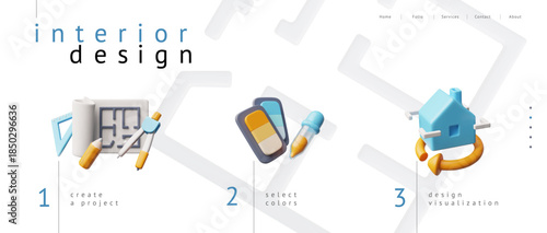 3D banner featuring interior design stages, project creation, color selection, and visualization.