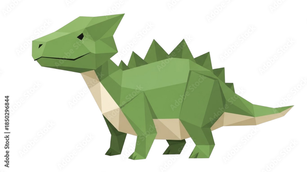 Obraz premium Whimsical green low poly dinosaur illustration in a charming geometric style, perfect for playful creative designs