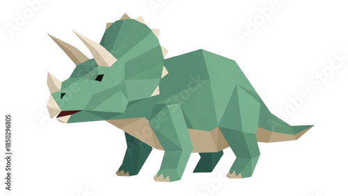 Low-poly green Triceratops dinosaur illustration in a charming geometric style, perfect for prehistoric themes and educational content