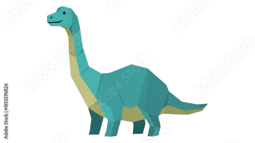 Charming Low Poly Teal Long-Necked Dinosaur Illustration - Gentle Prehistoric Giant Creature Art for Kids