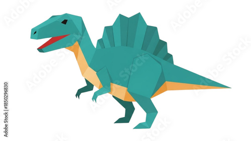 Teal Dinosaur with Sail-like Structure on Back, Illustrated in Polygonal Style