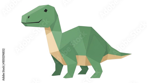 Conceptual low-poly green dinosaur illustration with a friendly design, ideal for children's educational content and whimsical themes