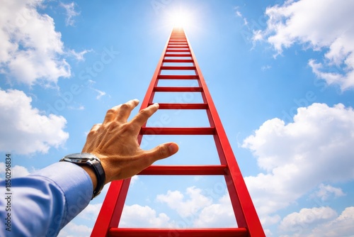 Hand Reaching Up Red Ladder Toward Bright Sky and Success Concept