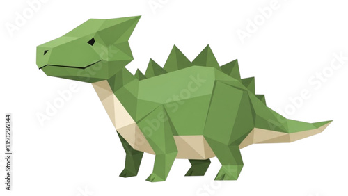 Whimsical green low poly dinosaur illustration in a charming geometric style, perfect for playful creative designs