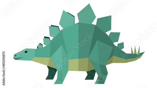 Green Low Poly Stegosaurus Dinosaur Illustration in a Geometric Flat Design Style, Prehistoric Creature