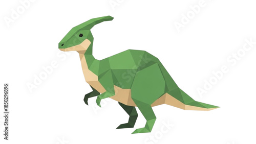 A flat graphic illustration of a green Parasaurolophus dinosaur