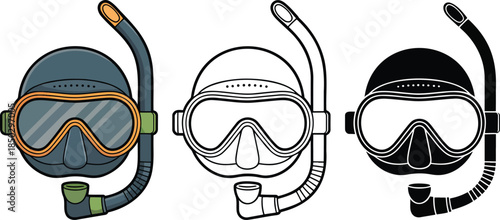 Diving mask silhouette & Outline and illustration set isolated on transparent background