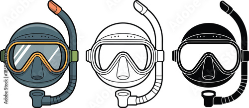 Diving mask silhouette & Outline and illustration set isolated on transparent background
