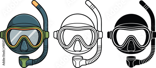 Diving mask silhouette & Outline and illustration set isolated on transparent background