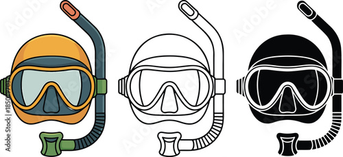 Diving mask silhouette & Outline and illustration set isolated on transparent background