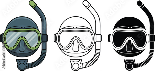 Diving mask silhouette & Outline and illustration set isolated on transparent background