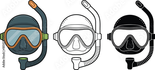 Diving mask silhouette & Outline and illustration set isolated on transparent background