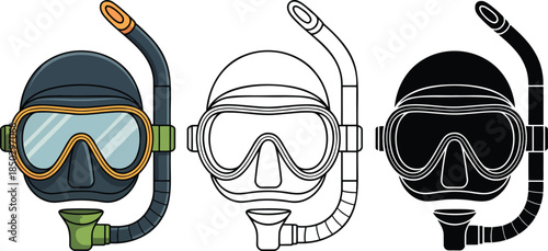 Diving mask silhouette & Outline and illustration set isolated on transparent background