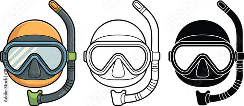 Diving mask silhouette & Outline and illustration set isolated on transparent background