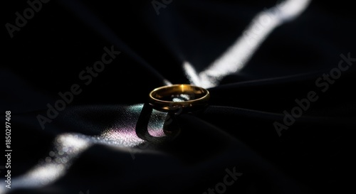 A luxurious gold ring resting on folded black fabric, highlighted by dramatic lighting.