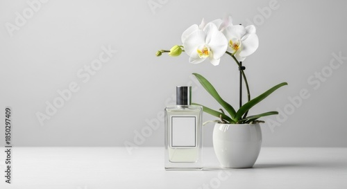An elegant perfume bottle stands next to a white orchid in a clean, minimalist composition.