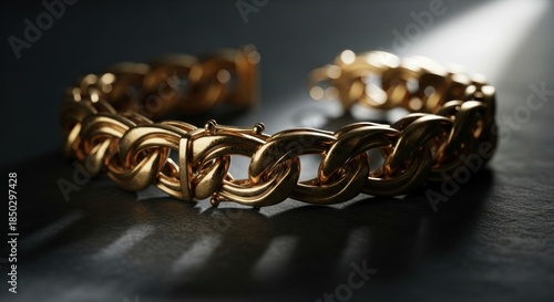 A gold bracelet with chain link design on a dark surface.