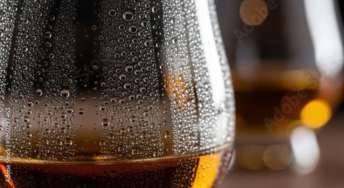 A whisky glass covered in water droplets shows a refreshing alcohol drink.