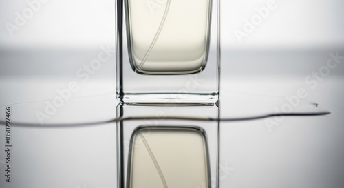 A perfume bottle sits with a liquid reflection on a white surface.