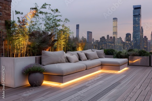 Wallpaper Mural A rooftop garden shows planters filled with plants and soft seating with lights. The city skyline is in the background under a dusk sky Torontodigital.ca