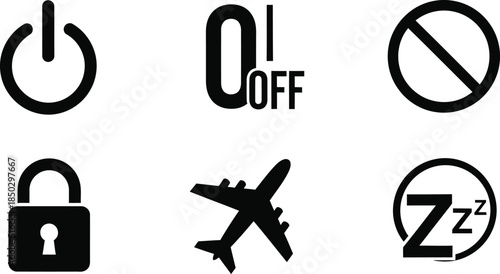 Collection of six black and white icons for various functions and statuses