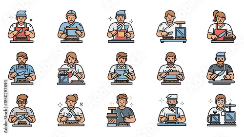 Collection of people engaged in various craft and artisan activities.