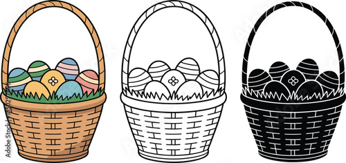 Easter basket filled with decorated eggs silhouette & Outline and illustration set isolated on transparent background