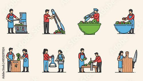 People preparing food and ingredients in various kitchen and farm settings.