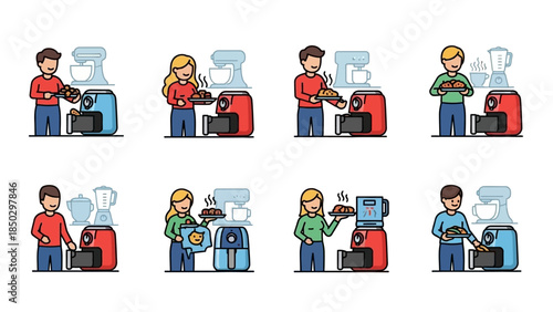 People using an air fryer to cook food step by step illustration.