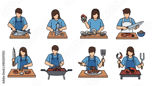 Set of eight illustrations depicting people preparing and cooking various types of food, including fish, vegetables, and grilled meat.