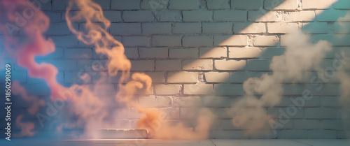 Colorful Smoke in Front of a White Brick Wall With Soft Light