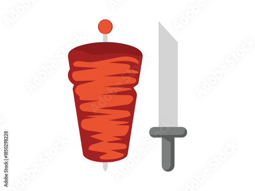 Doner kebab meat on spit with knife