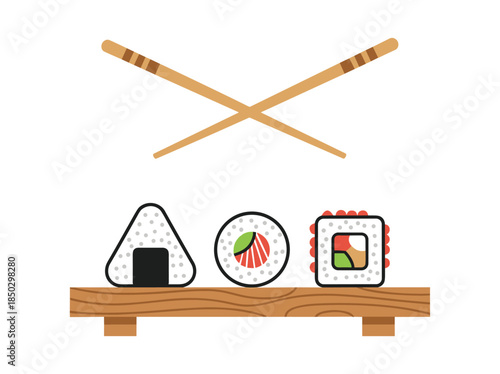 Sushi on wooden board with chopsticks