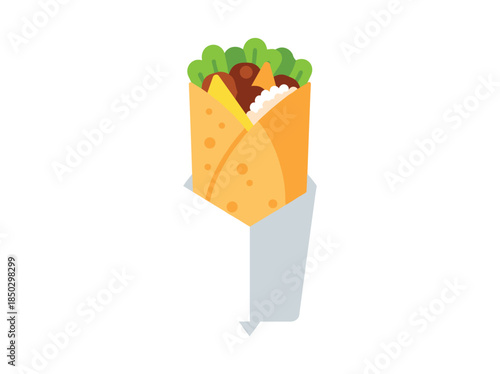 Taco wrapped in paper with filling and greens