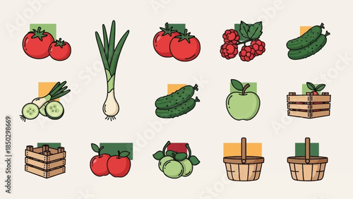 Set of hand drawn fresh organic fruits and vegetables icons.