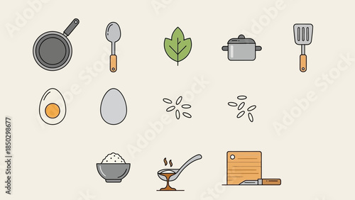 Set of minimalist kitchen utensil and ingredient icons.