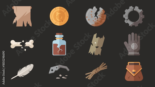 Set of various fantasy adventure game items and loot icons.