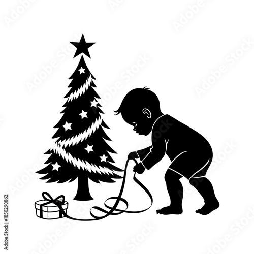 Child unwrapping christmas gift