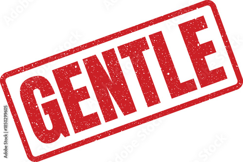 Red distressed rectangular rubber stamp conveying a gentle instruction or a soft handling requirement for items