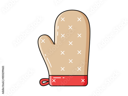 Beige and red oven glove with white cross pattern on white background