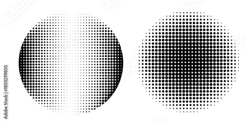 Collection of halftone circle frames dotted background. The round border icon uses a halftone random circle dot raster texture. Grunge circular stains eps 10