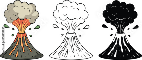 Erupting volcano silhouette & Outline and illustration set isolated on transparent background