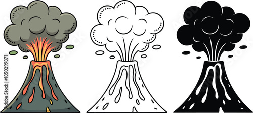 Erupting volcano silhouette & Outline and illustration set isolated on transparent background