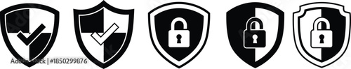 Security shields with locks and checkmarks
