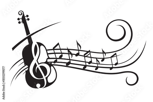 abstract emblem of violin and music notes isolated on white background