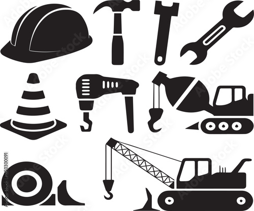 Black construction equipment and tools icons on white background hard hat hammer