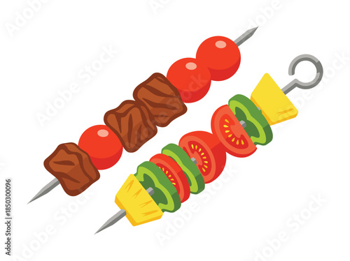 Colorful kebabs with vegetables and meat