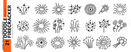 Doodle Сonfetti Firecracker Icon Kit. Hand Drawn Celebrate Firework Element Bundle in White Background. Black Line Vector Illustration Set